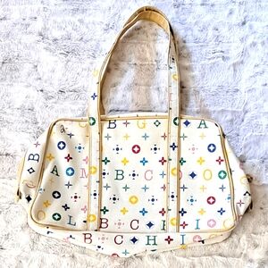 Cream Travel Bag Colorful Letters Zip Shoulder Bag Cosmetic Vacation. 16in X 9in